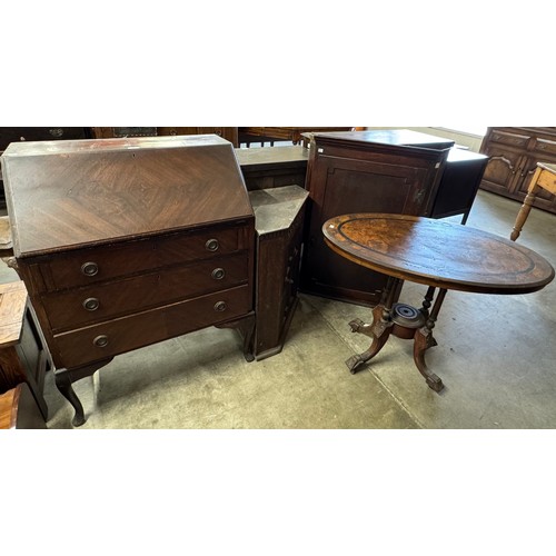 264 - A Queen Anne style bureau, a Victorian inlaid walnut centre table and two others