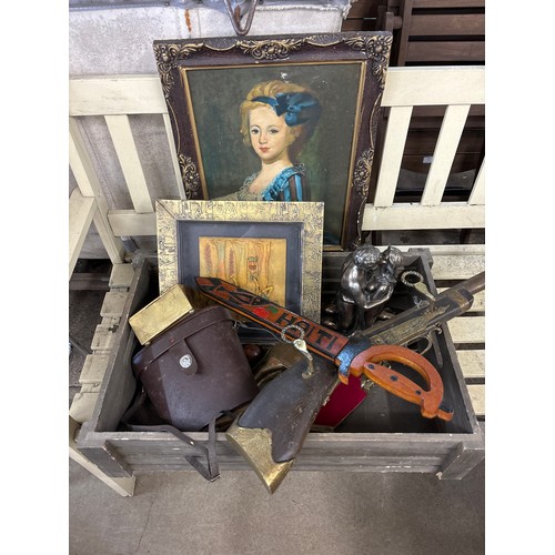 263 - A reproduction gun, pair of binoculars, oil on canvas, resin model of lovers, etc.