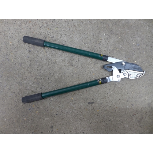 2255 - A large quantity of assorted garden tools including rakes, edging shears, loppers, branch cutters, h... 