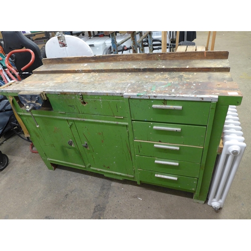 2270 - A 1m x 86cm x 54cm two door, 5 drawer wooden work bench with a Record No. 57 bench vice attached