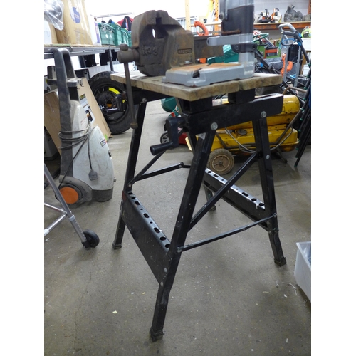 2286 - A folding work bench with a record No.3 bench vice and a drill press stand