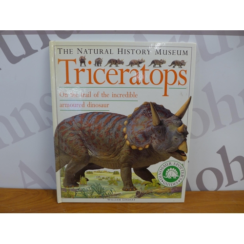 2301 - A selection of plastic dinosaur toys, a Natural History Museum Triceratops guide and a dinosaur stic... 