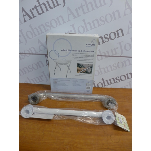 2309 - Two disability aid grab handles and a Croydex adjustable bathroom and shower seat