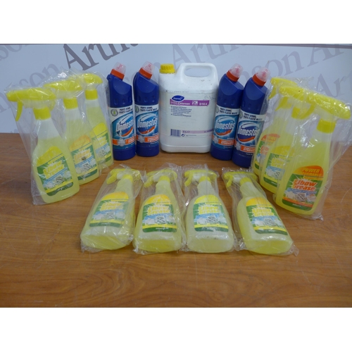 2330 - An assortment of cleaning products including Disinfectant detergent, Domestos bleach and Elbow Greas... 