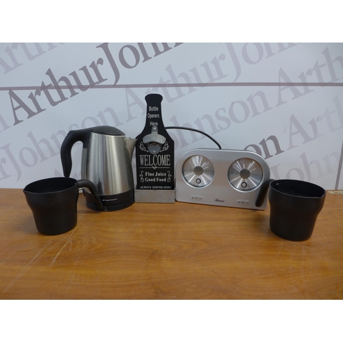 2342 - A Hostess double milk frother, a kettle and a wall mountable bottle opener