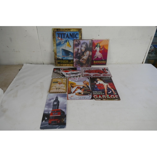 2383 - 15 tin plate wall plaques including Titanic, beer advertising, Gothic and car pictures