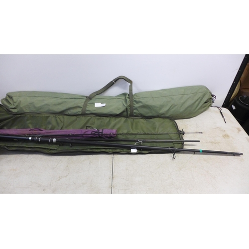 2429 - A Dave Lane carp fishing bivvy and two carp rods