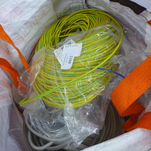 2398 - Three bags of miscellaneous electrical items including electrical wiring, light fixtures and fitting... 