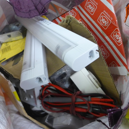 2398 - Three bags of miscellaneous electrical items including electrical wiring, light fixtures and fitting... 