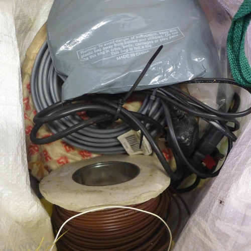 2398 - Three bags of miscellaneous electrical items including electrical wiring, light fixtures and fitting... 