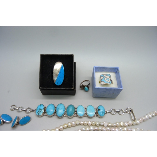 1001 - A collection of silver and white metal jewellery to include turquoise and pearl