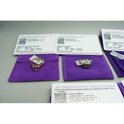 1005 - A collection of six silver and silver gilt gemstone set rings with certificates