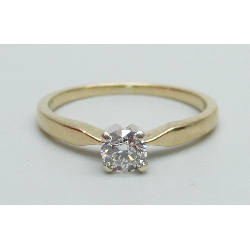 1006 - A 9ct yellow gold solitaire Canadian diamond ring with certificate, 0.4ct diamond weight, P, 2g