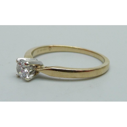 1006 - A 9ct yellow gold solitaire Canadian diamond ring with certificate, 0.4ct diamond weight, P, 2g