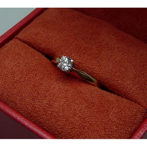 1006 - A 9ct yellow gold solitaire Canadian diamond ring with certificate, 0.4ct diamond weight, P, 2g