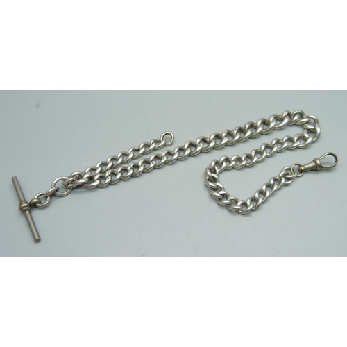 1055 - A silver Albert chain (base metal swivel and T bar), total weight 52.8g