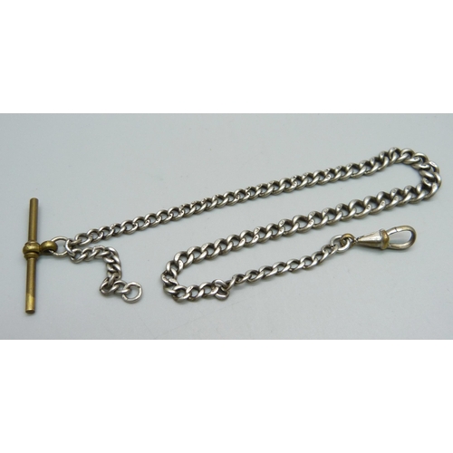 1061 - A silver Albert chain with base metal swivel and T bar, 24.8g