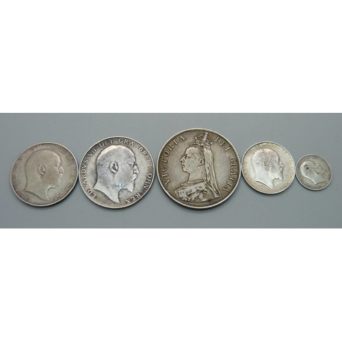 1065 - An 1887 double florin, rare date 1904 half crown, 1910 florin, 1910 shilling (high grade) and 1910 t... 