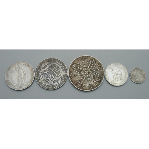 1065 - An 1887 double florin, rare date 1904 half crown, 1910 florin, 1910 shilling (high grade) and 1910 t... 