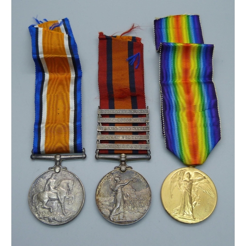 1080 - A Queen's South Africa Medal with five bars to 656 TPR: HH Paul S.A.C. and two other WWI medals to G... 