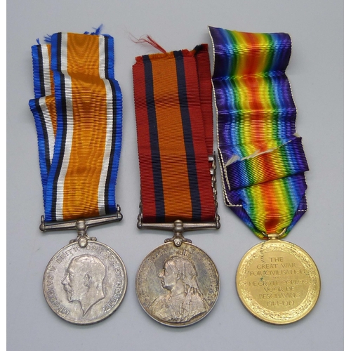 1080 - A Queen's South Africa Medal with five bars to 656 TPR: HH Paul S.A.C. and two other WWI medals to G... 