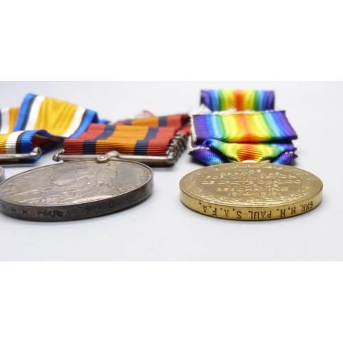 1080 - A Queen's South Africa Medal with five bars to 656 TPR: HH Paul S.A.C. and two other WWI medals to G... 