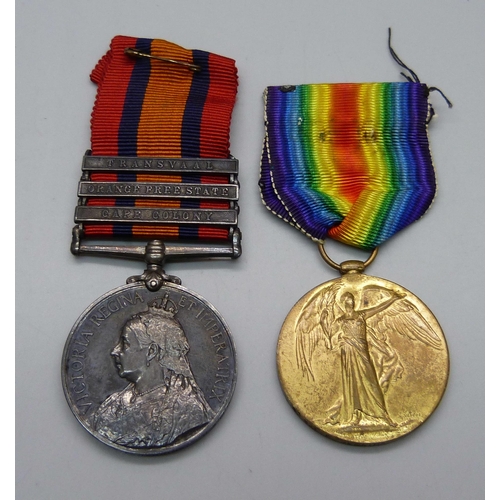 1083 - A Queen's South Africa Medal with three bars to 13497 Pte F. Jenkins Royal Army Medical Corps and a ... 