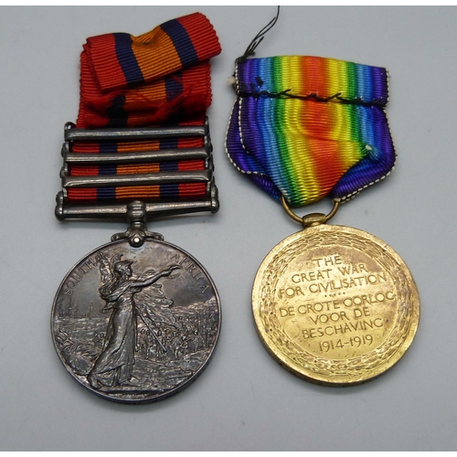 1083 - A Queen's South Africa Medal with three bars to 13497 Pte F. Jenkins Royal Army Medical Corps and a ... 