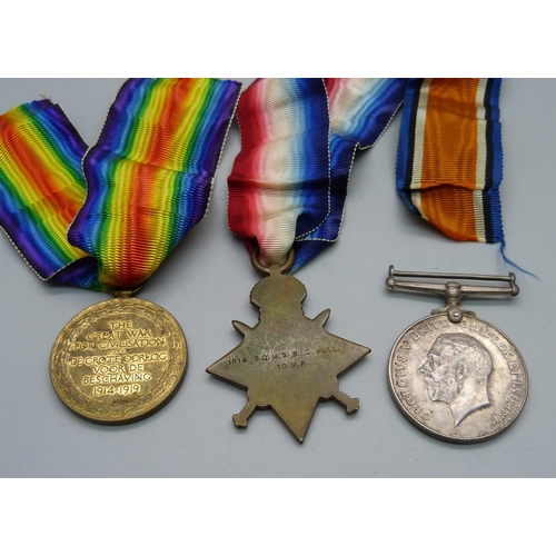 1085 - A set of three WWI medals to 1814 S.Q.M.S. B.I.D. Pullin 10MR