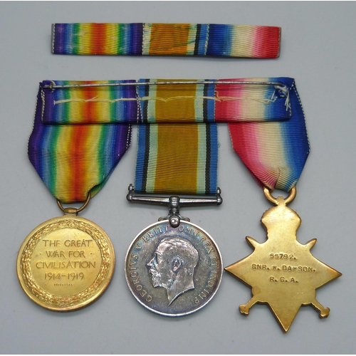 1089 - A set of WWI medals to 55792 GNR W. Dawson, Royal Artillery