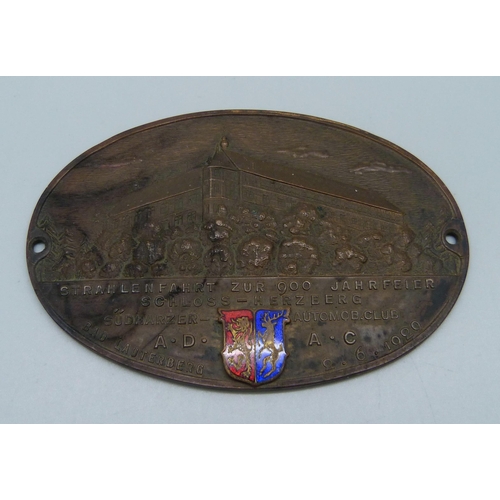 1095 - A bronze and enamel motoring plaque, Strahlenfahrt Zur 900 Jahrfeier Sädharzer Automob Club 1929