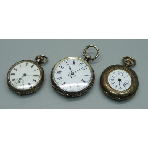 1101 - Three silver fob watches, one lacking glass