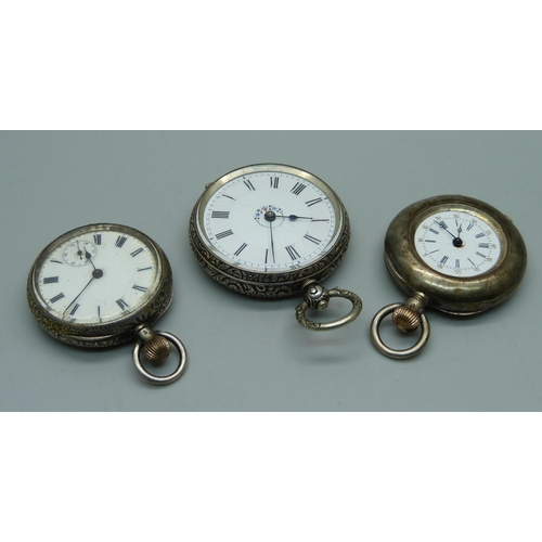 1101 - Three silver fob watches, one lacking glass