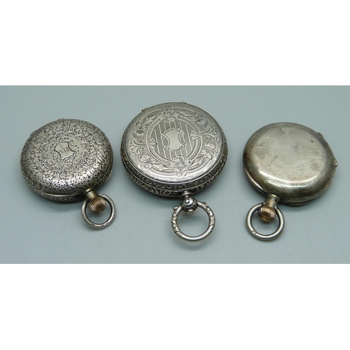 1101 - Three silver fob watches, one lacking glass