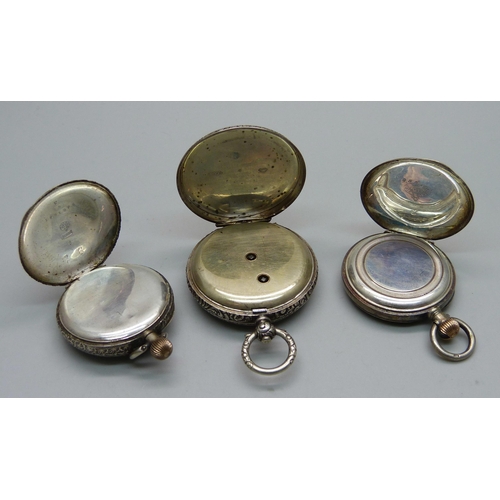 1101 - Three silver fob watches, one lacking glass