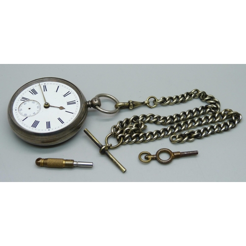 1105 - A silver pocket watch, London 1883, a/f, Albert chain and two keys