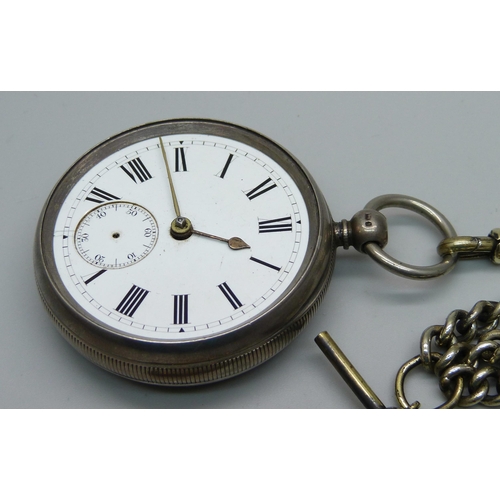 1105 - A silver pocket watch, London 1883, a/f, Albert chain and two keys