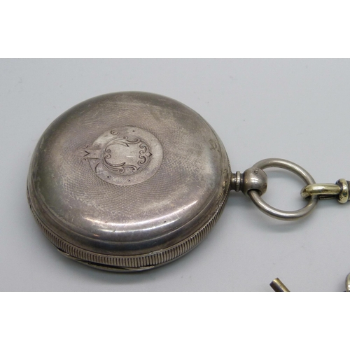 1105 - A silver pocket watch, London 1883, a/f, Albert chain and two keys