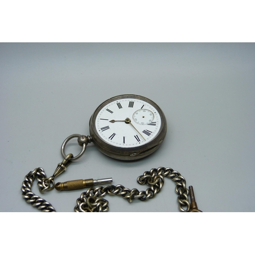 1105 - A silver pocket watch, London 1883, a/f, Albert chain and two keys