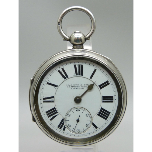 1110 - A heavy cased silver pocket watch, H L Brown & Son, Sheffield, Chester 1900, lacking minute hand and... 