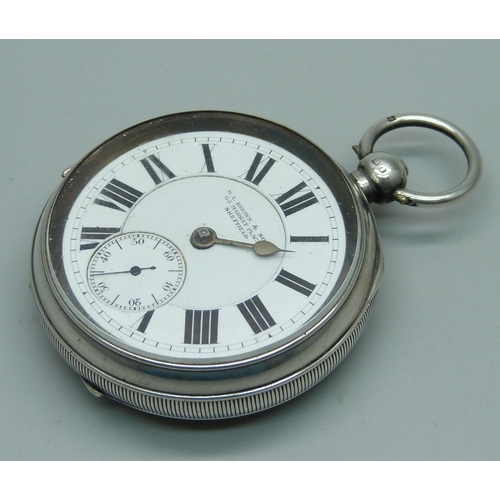 1110 - A heavy cased silver pocket watch, H L Brown & Son, Sheffield, Chester 1900, lacking minute hand and... 