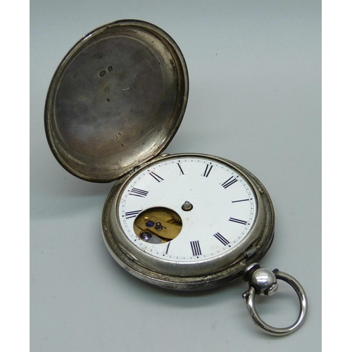 1111 - A silver full hunter pocket watch, London 1866, lacking second dial, hands and glass