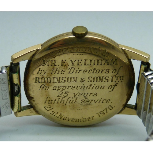 1112 - A 9ct gold cased Tudor Royal wristwatch with long service inscription to case back