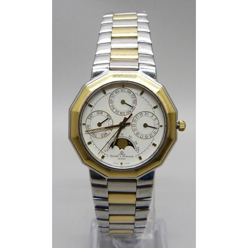 1113 - A Baume & Mercier Geneve Riviera triple calendar bi-metal chronograph wristwatch with 18ct gold link... 