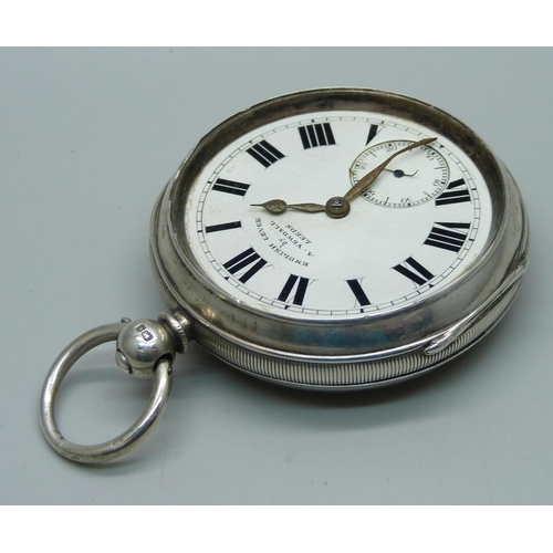 1121 - A large heavy silver cased English lever pocket watch (glass missing)