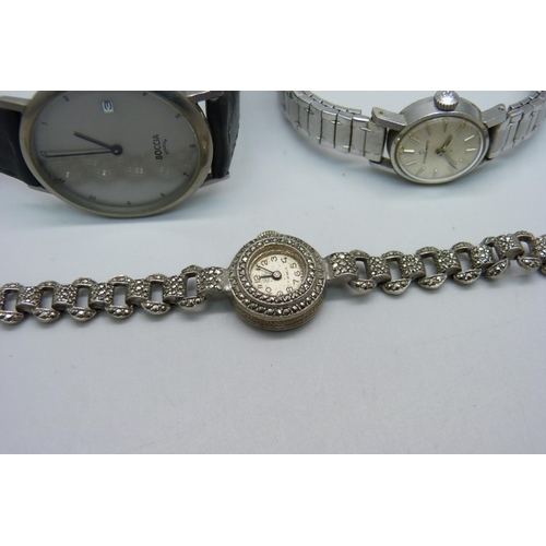 1123 - Three wristwatches comprising lady's Eterna-Matic, sterling silver, marcasite lady's watch and gentl... 