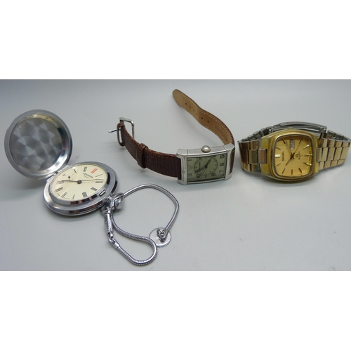 1127 - A Sekonda 15J full hunter pocket watch, an Emporio Armani rectangular Art Deco style wristwatch and ... 