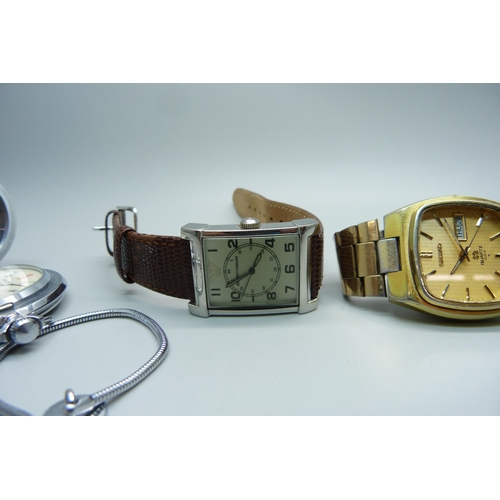 1127 - A Sekonda 15J full hunter pocket watch, an Emporio Armani rectangular Art Deco style wristwatch and ... 