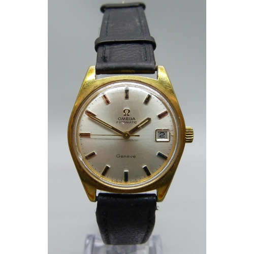 1128 - An Omega Geneve gold plated automatic wristwatch with date, sweep second hand