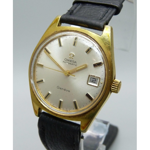 1128 - An Omega Geneve gold plated automatic wristwatch with date, sweep second hand